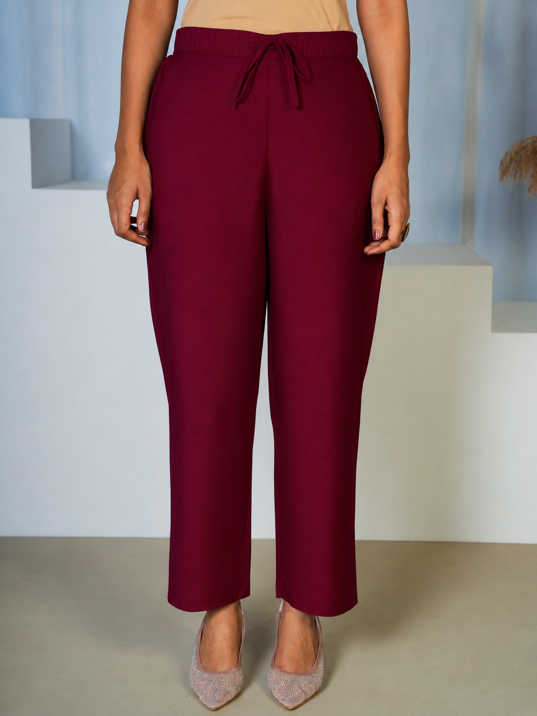 Blended Silk Solid Purple Straight Trousers