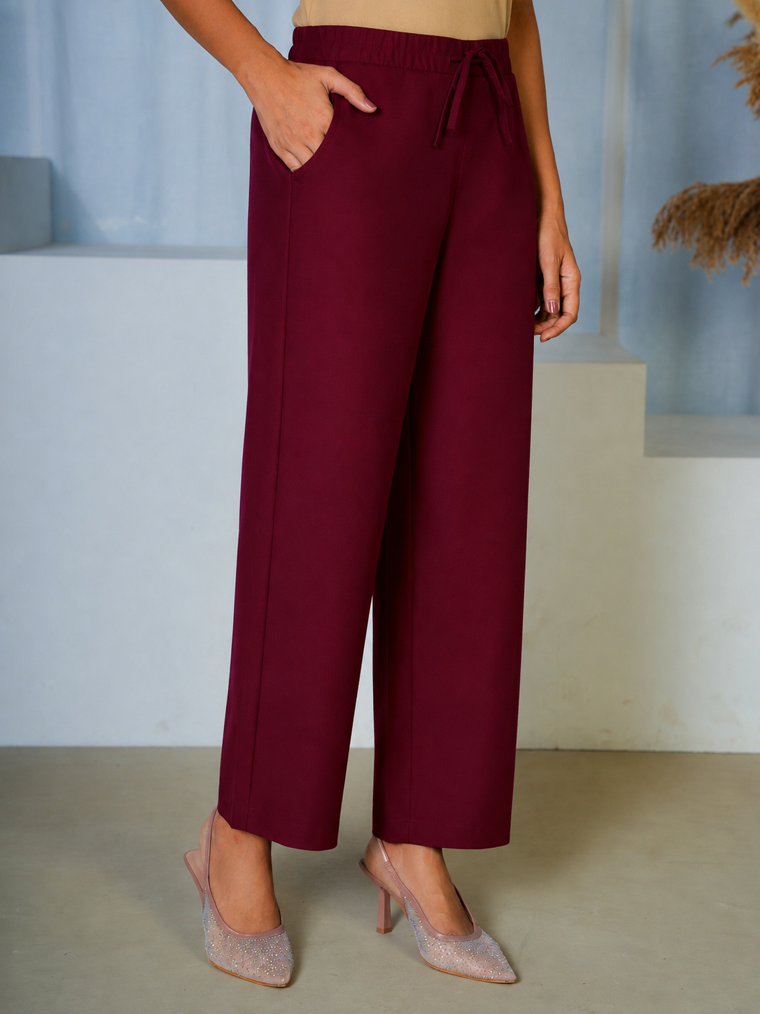 Blended Silk Solid Purple Straight Trousers