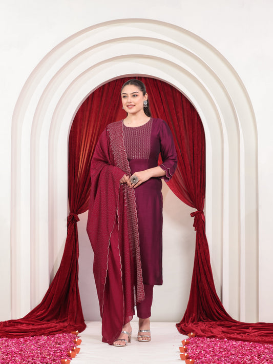 Embroidered Blended Silk Solid Purple Dupatta