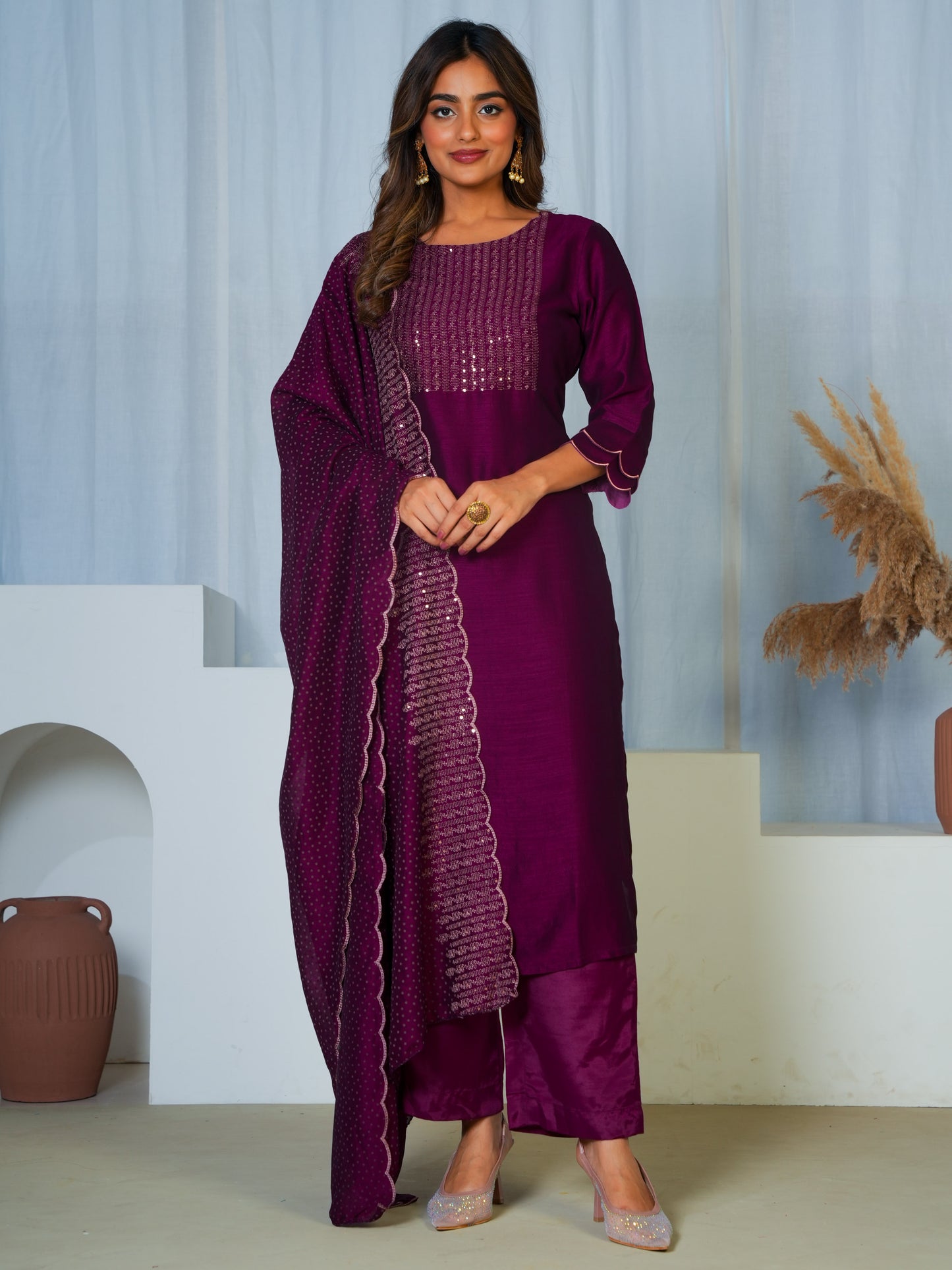 Embroidered Blended Silk Solid Purple Dupatta