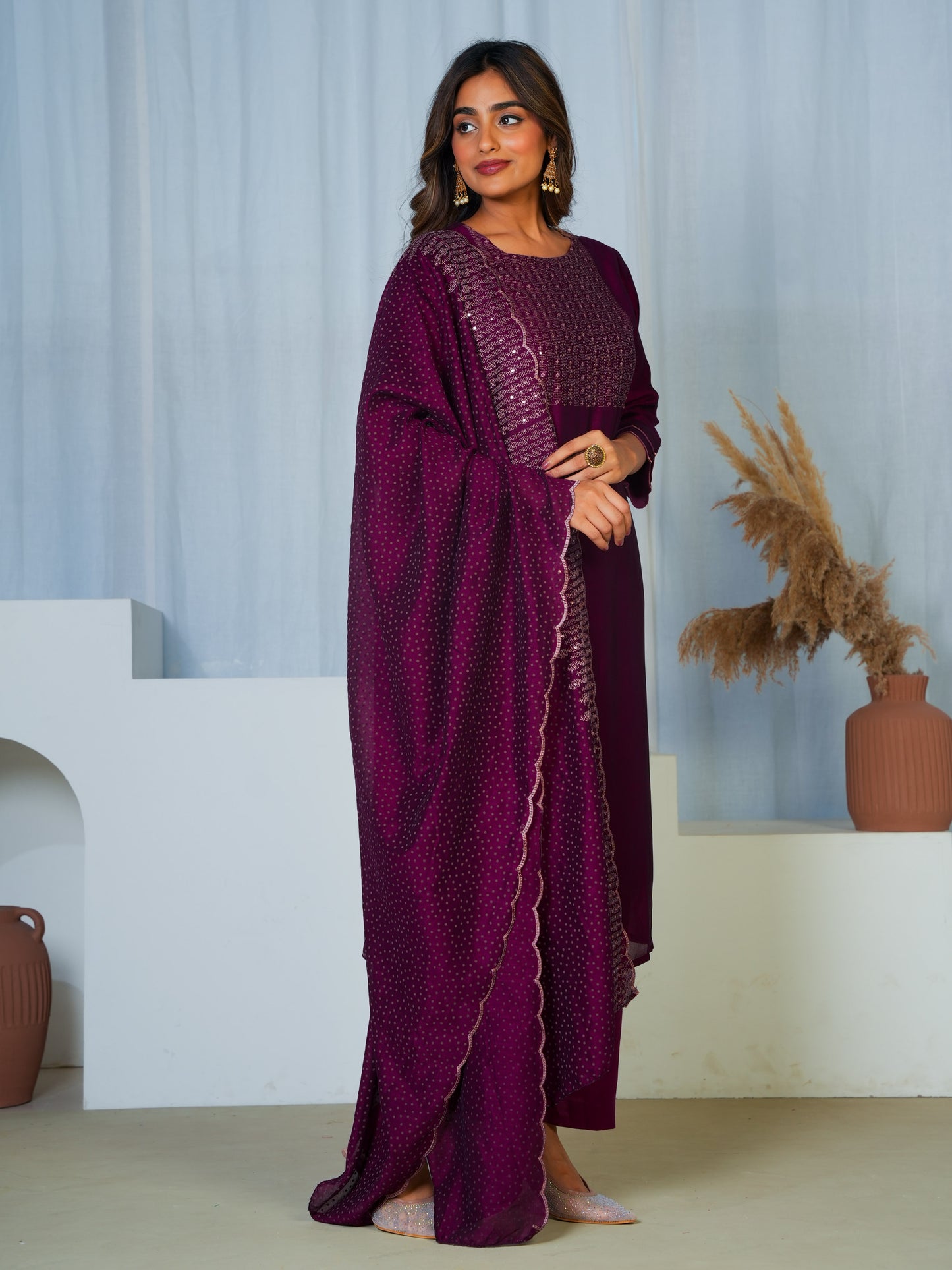 Embroidered Blended Silk Solid Purple Dupatta
