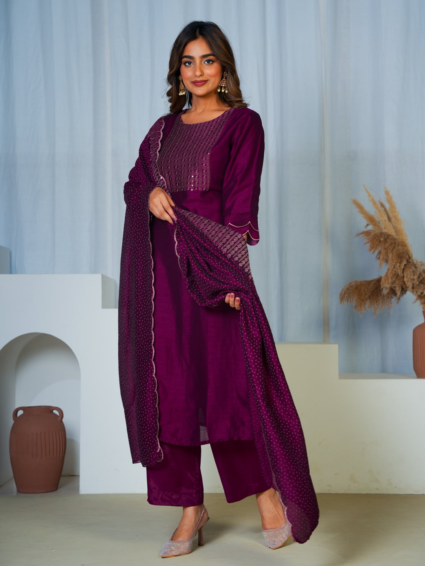 Embroidered Blended Silk Solid Purple Dupatta
