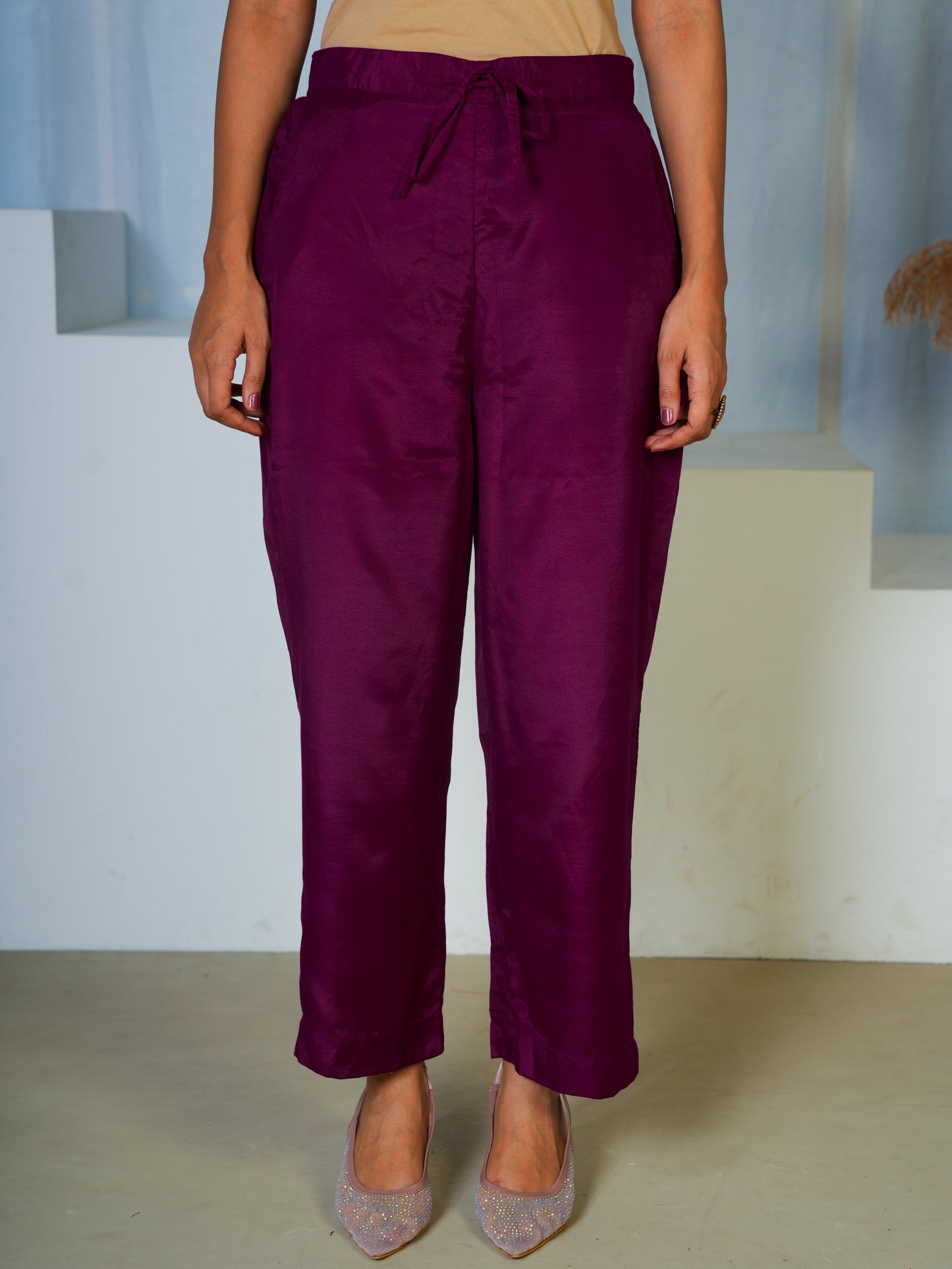 Embroidered Blended Silk Solid Straight Purple Kurta