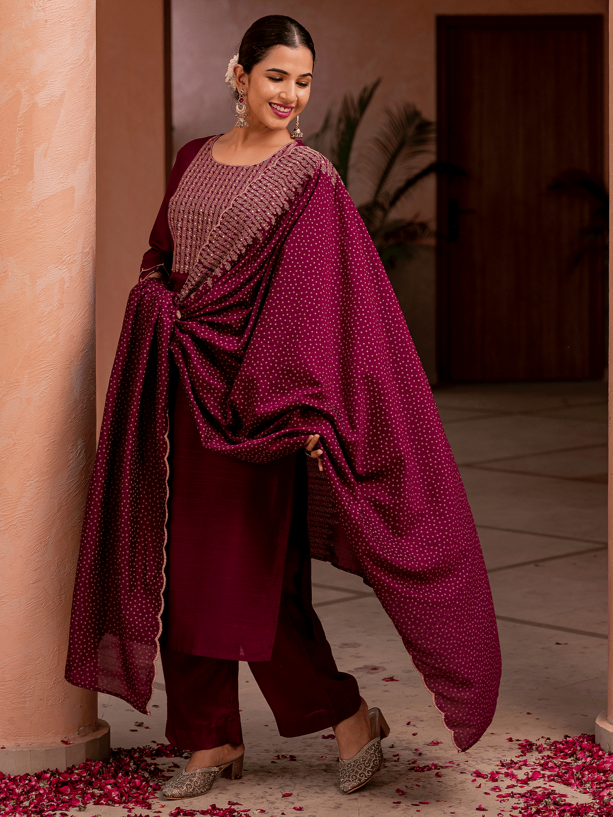 Embroidered Blended Silk Solid Straight Purple Kurta