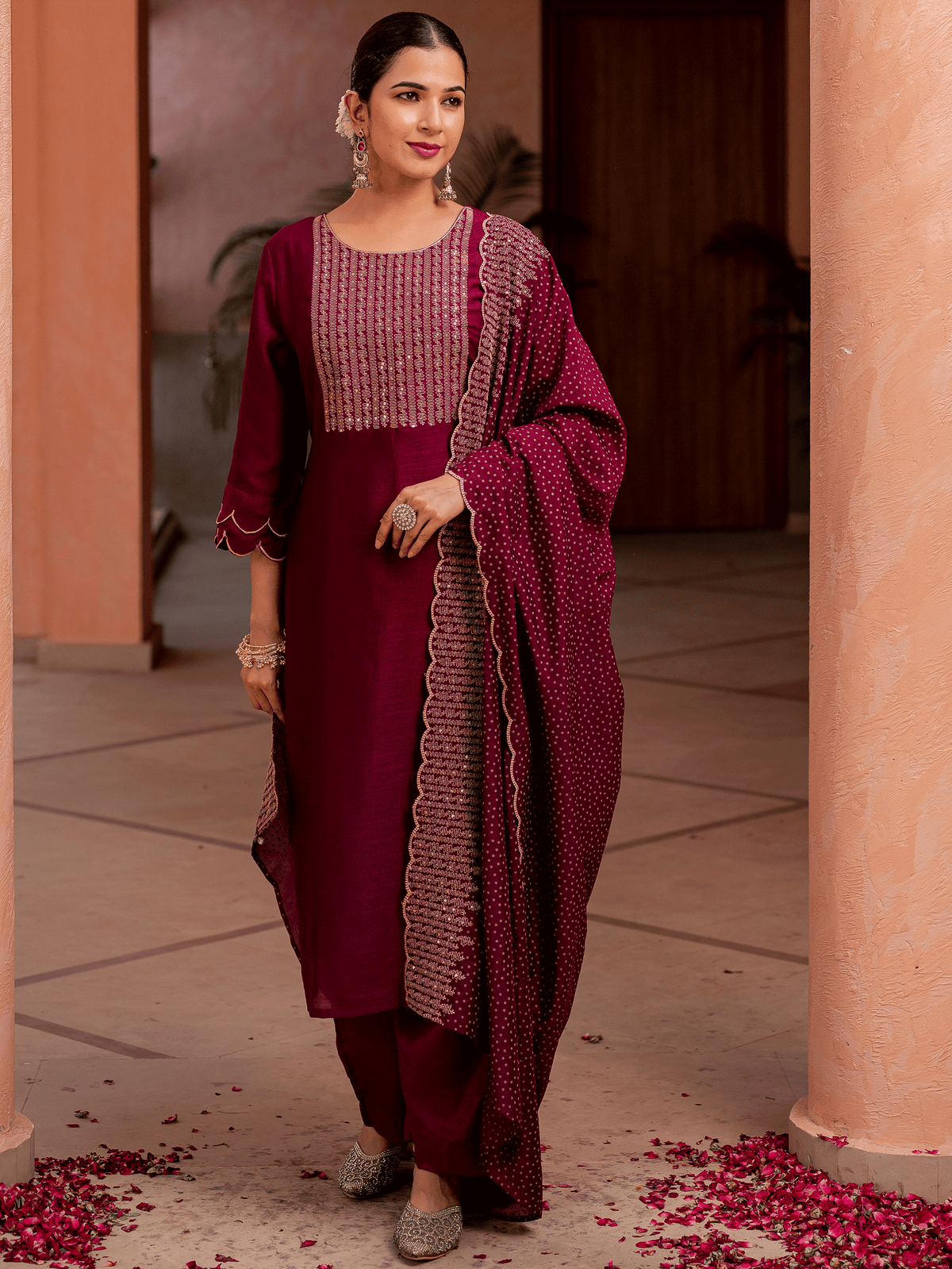 Embroidered Blended Silk Solid Straight Purple Kurta