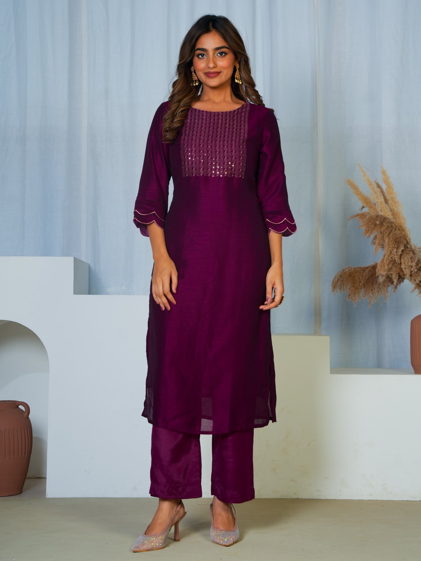 Embroidered Blended Silk Solid Straight Purple Kurta