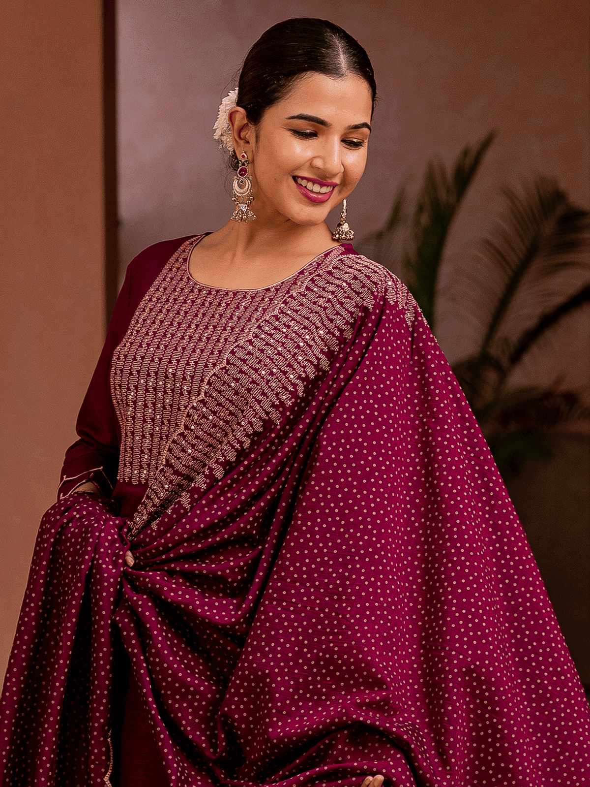 Embroidered Blended Silk Solid Straight Purple Kurta