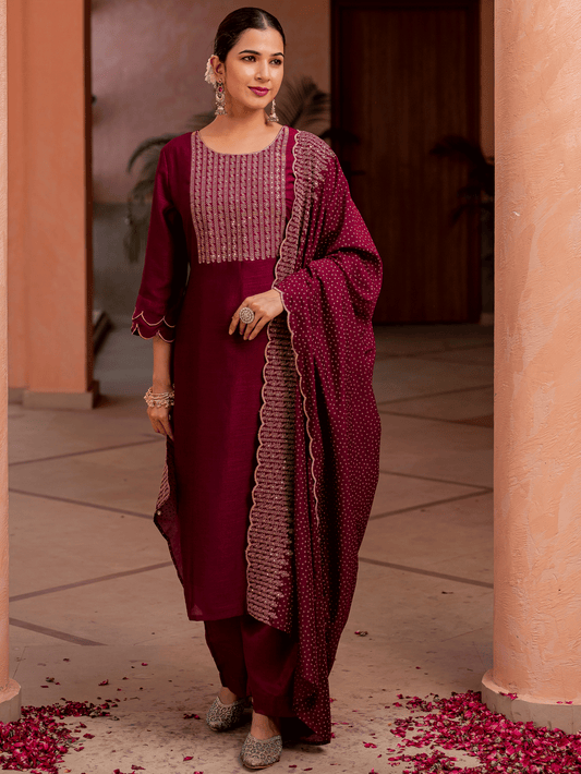 Embroidered Blended Silk Solid Purple Dupatta