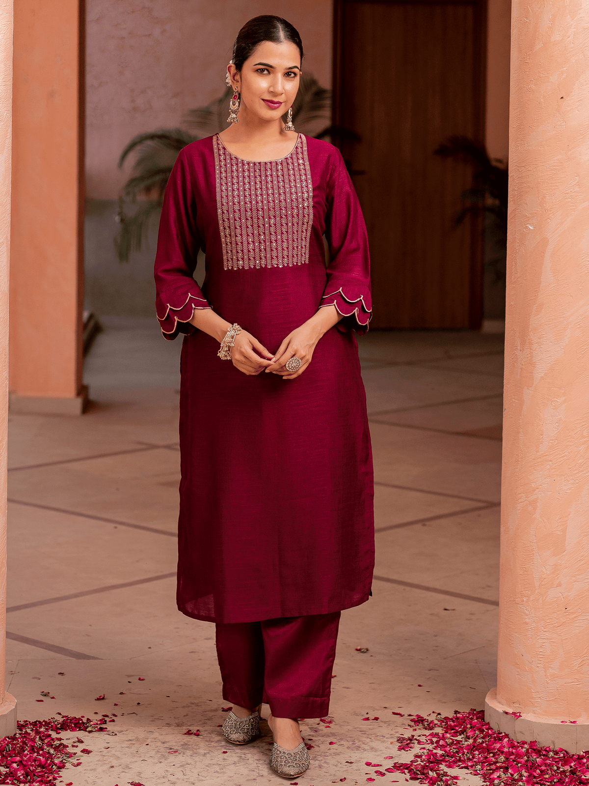 Embroidered Blended Silk Solid Straight Purple Kurta