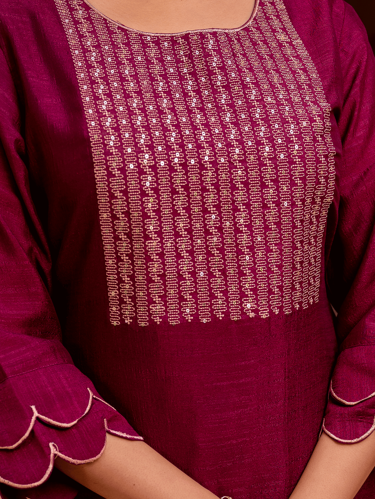 Embroidered Blended Silk Solid Straight Purple Kurta