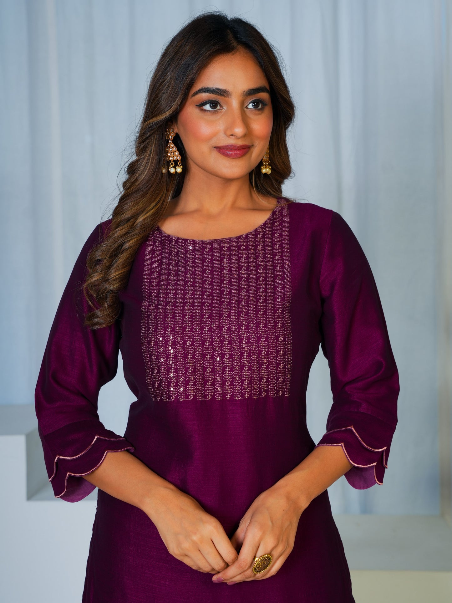 Embroidered Blended Silk Solid Straight Purple Kurta