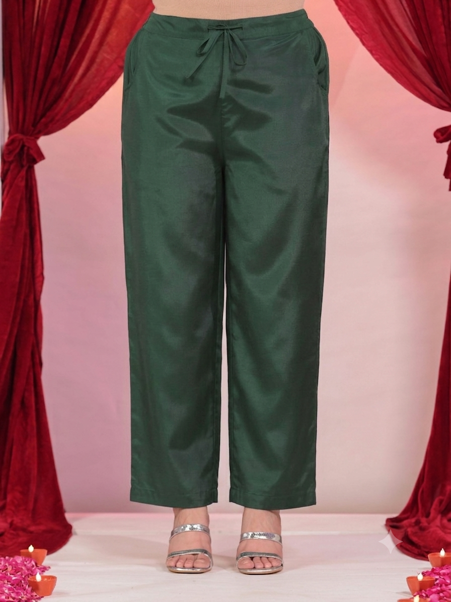 Blended Silk Solid Green Straight Trousers
