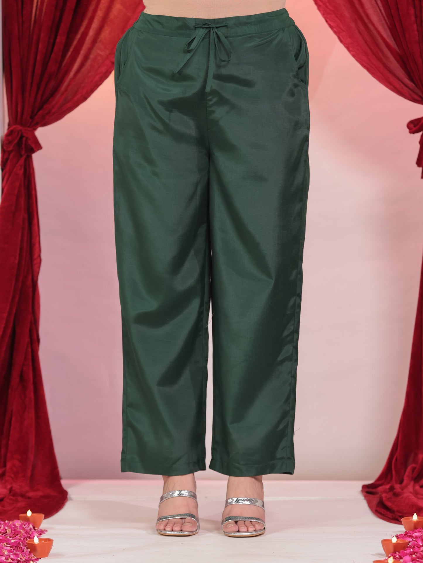 Poly Silk Solid Green Straight Trousers