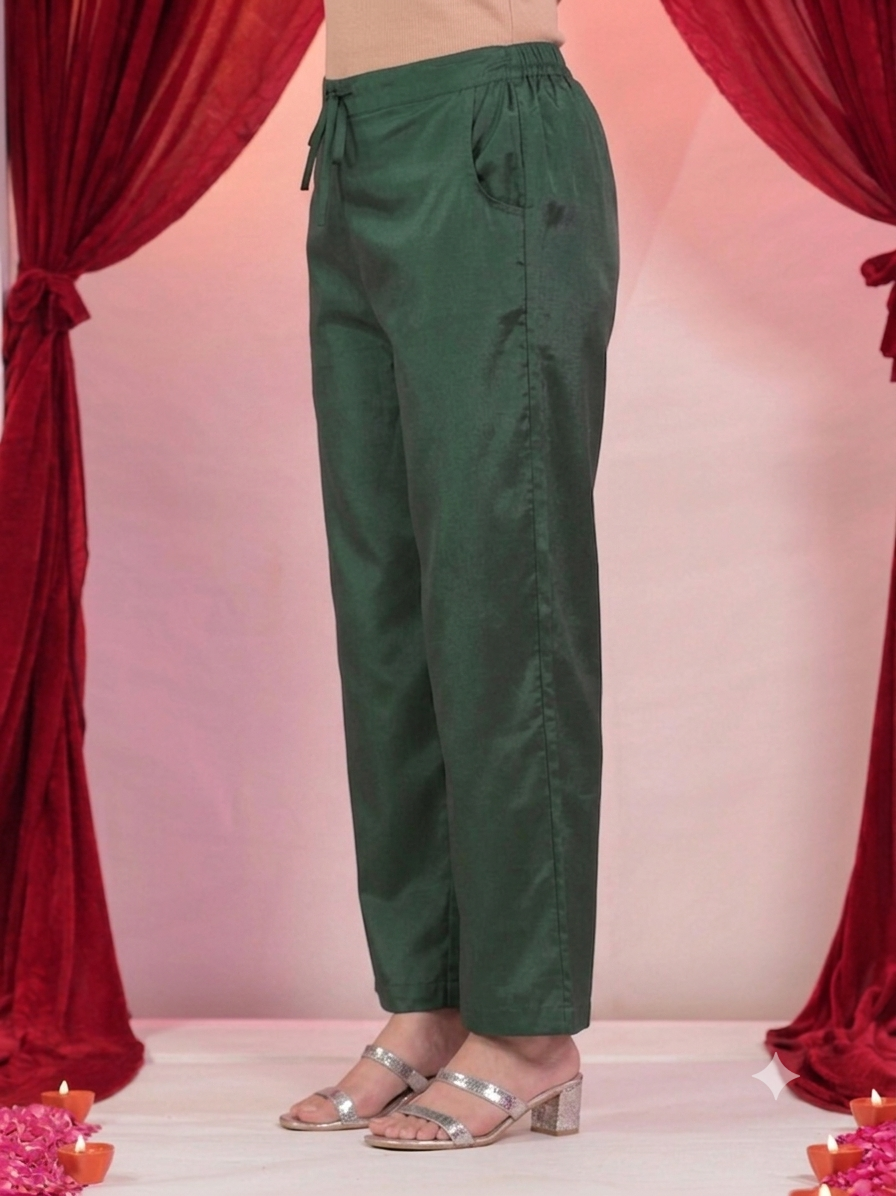 Blended Silk Solid Green Straight Trousers