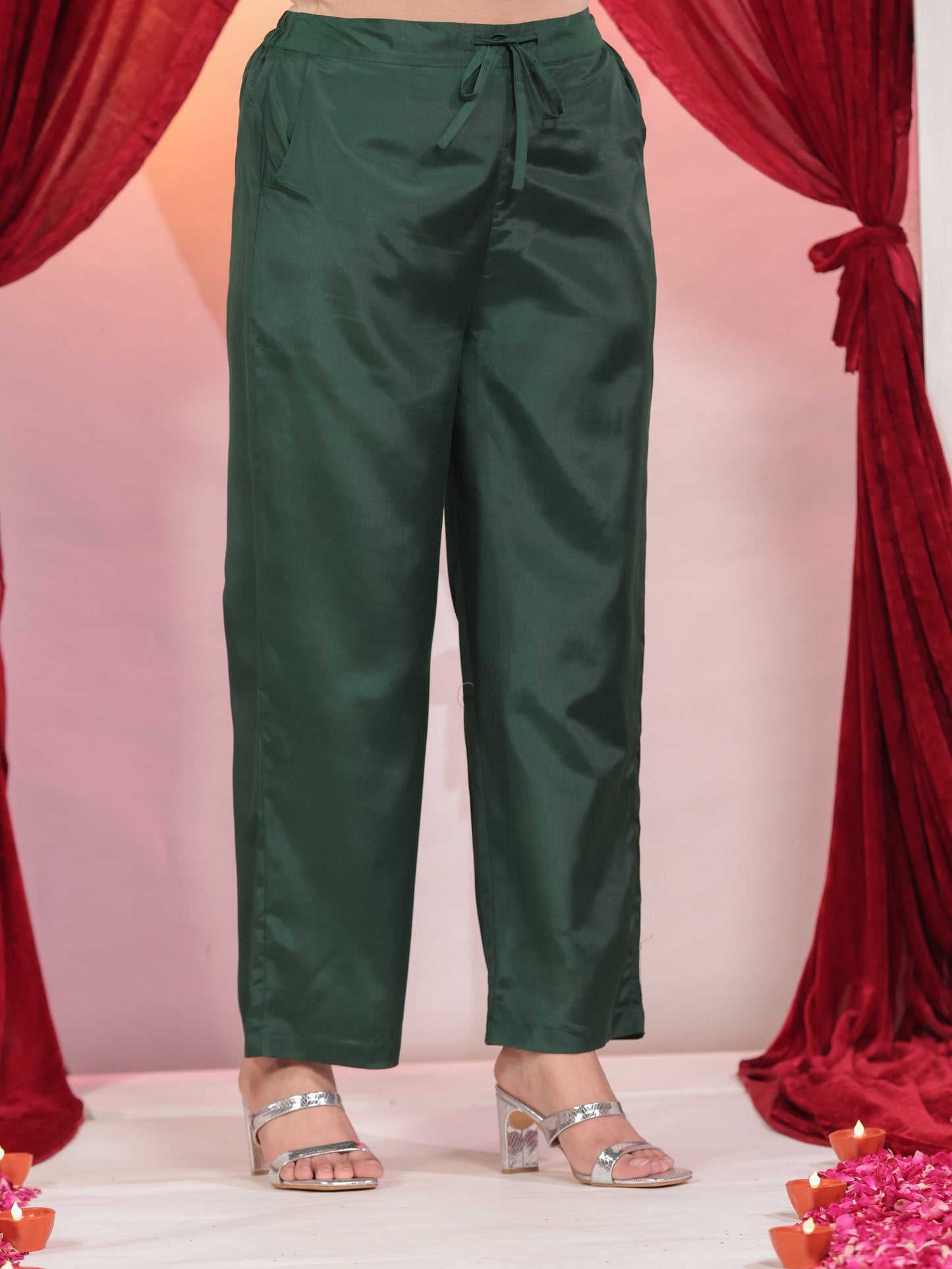 Poly Silk Solid Green Straight Trousers