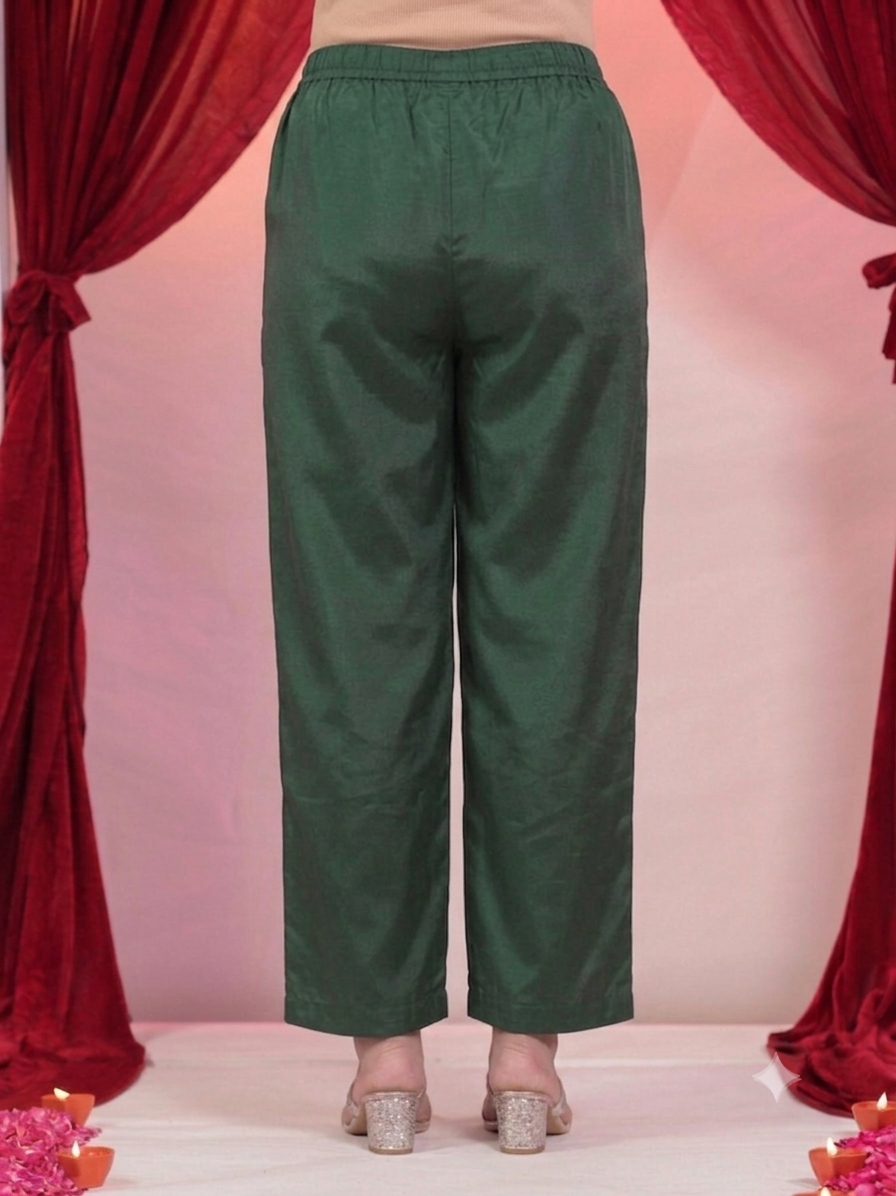 Blended Silk Solid Green Straight Trousers