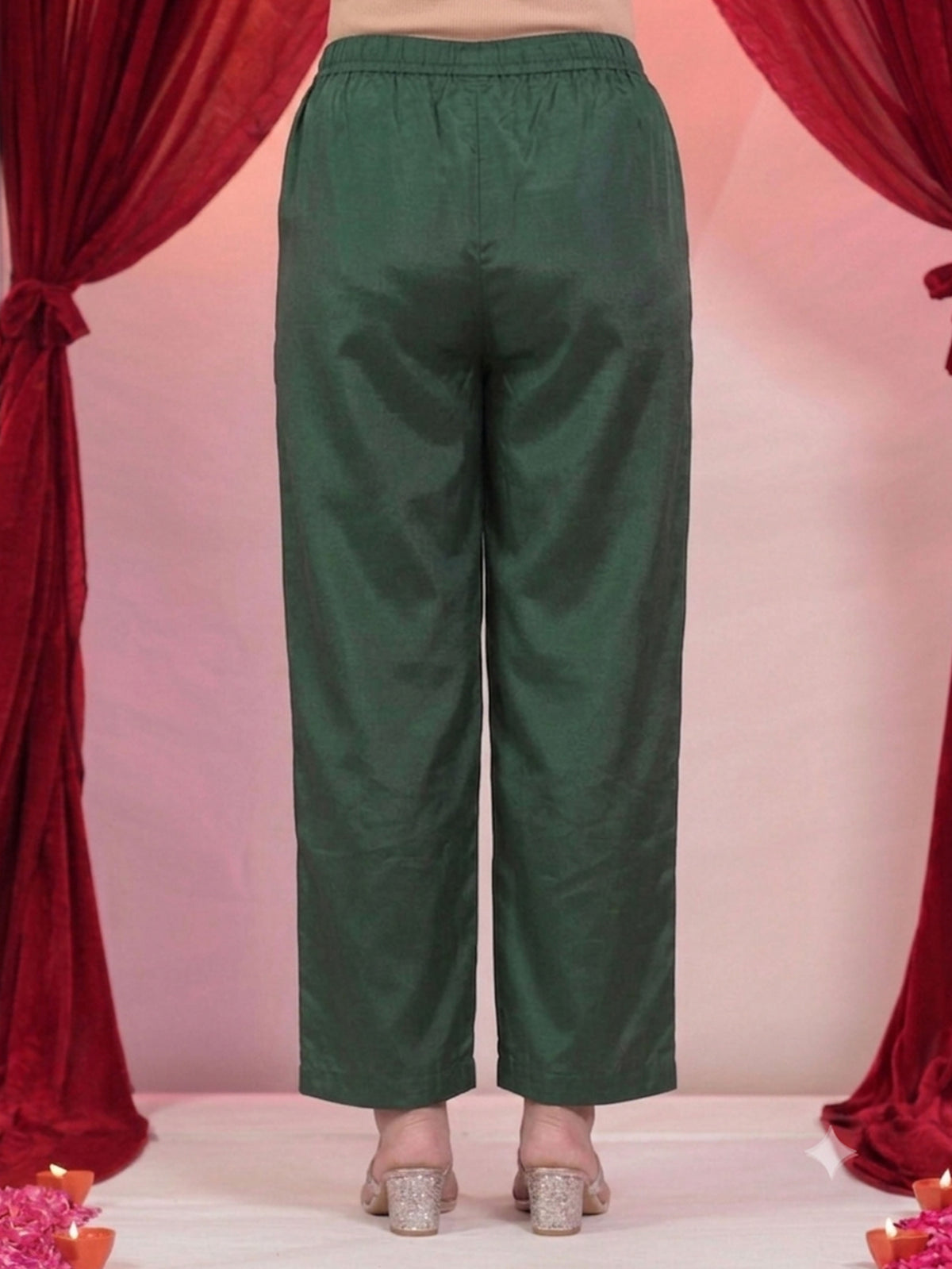 Blended Silk Solid Green Straight Trousers