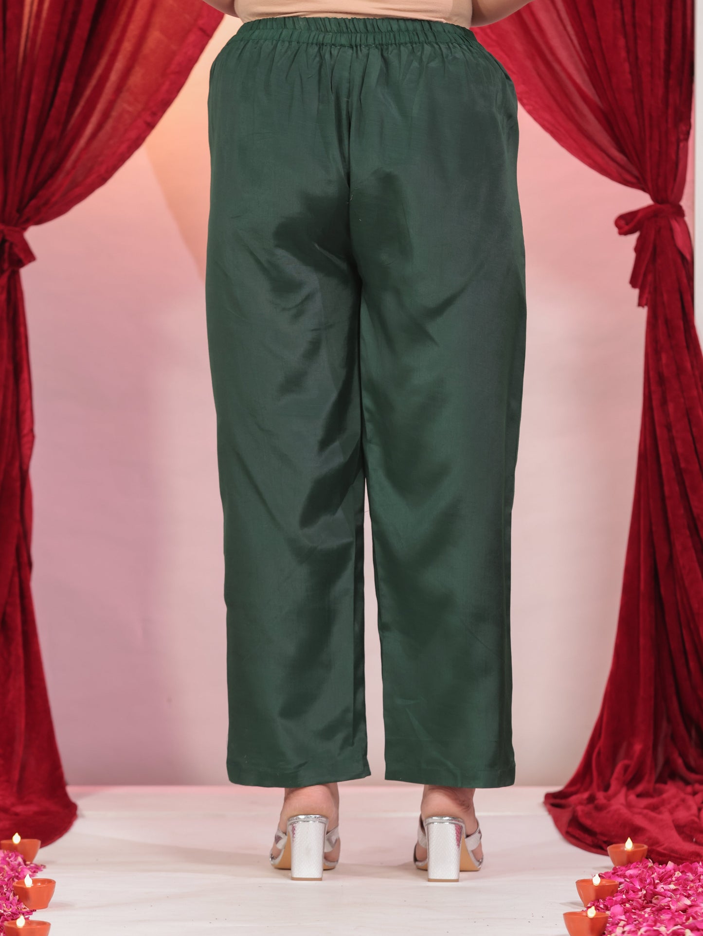 Poly Silk Solid Green Straight Trousers