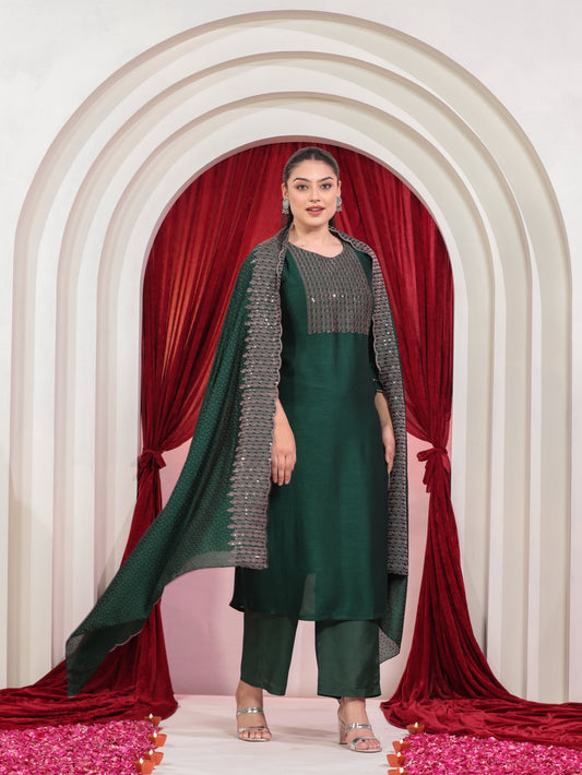 Embroidered Blended Silk Solid Green Dupatta
