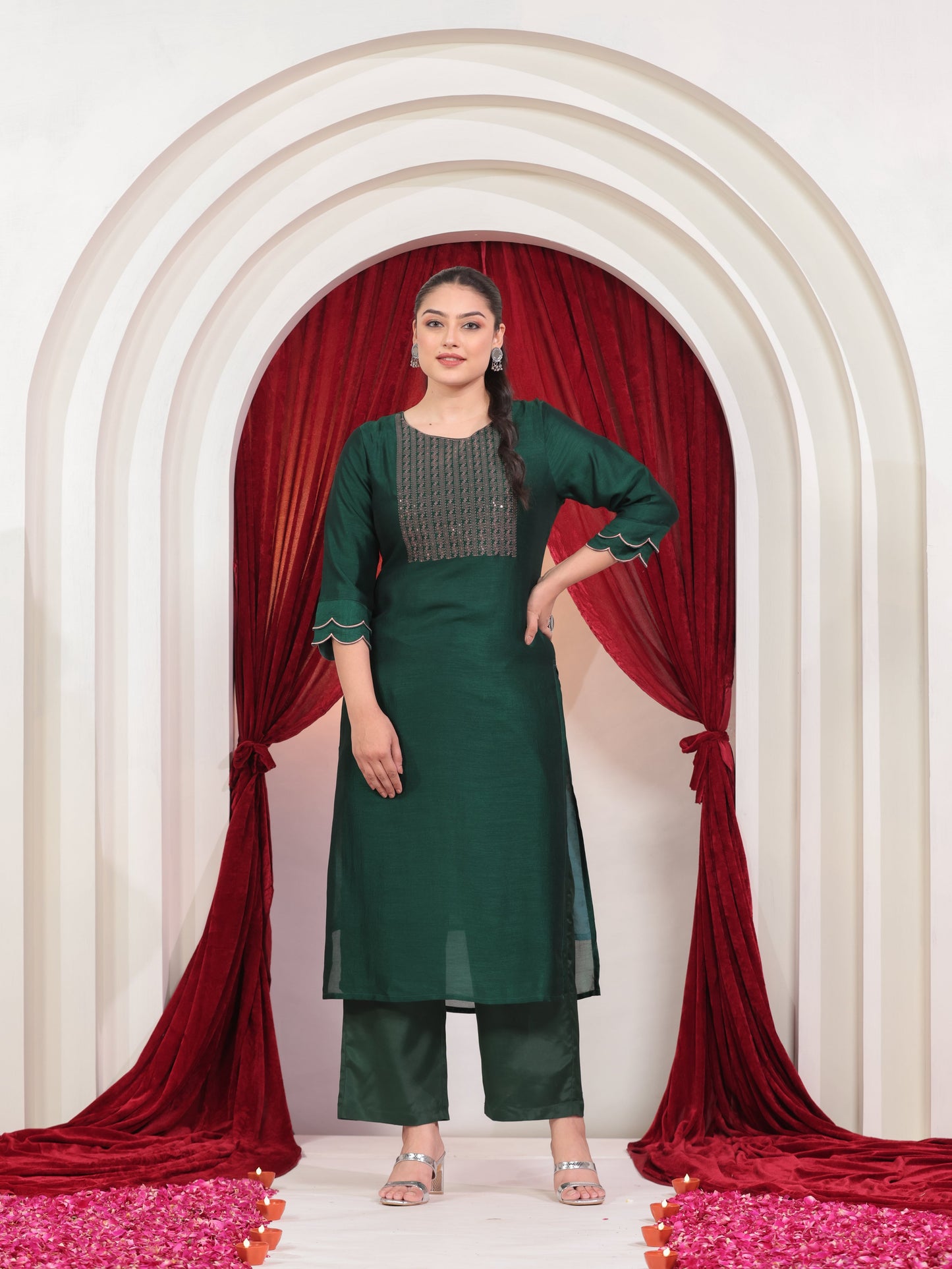 Embroidered Poly Silk Solid Straight Green Kurta