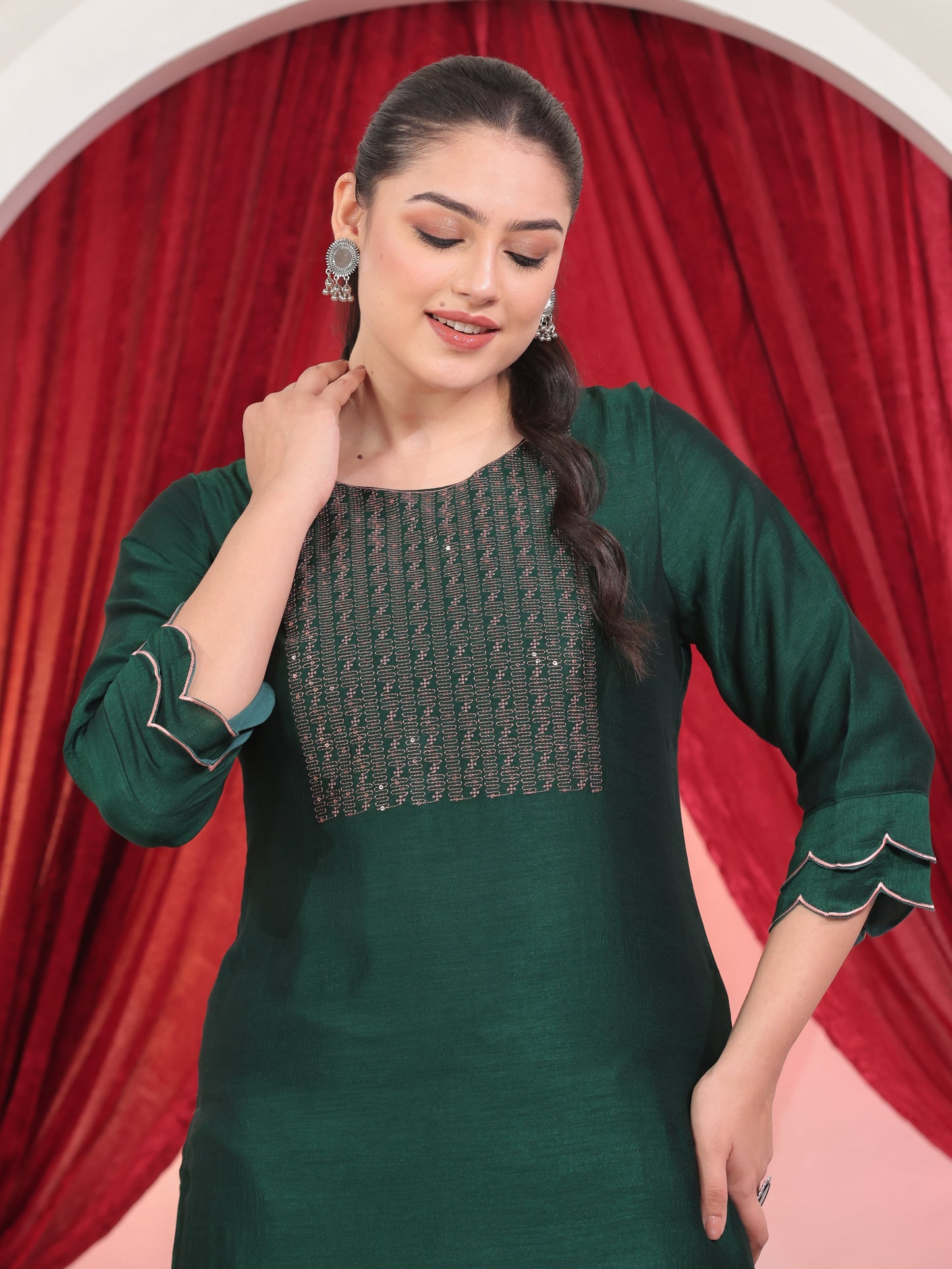 Embroidered Poly Silk Solid Straight Green Kurta