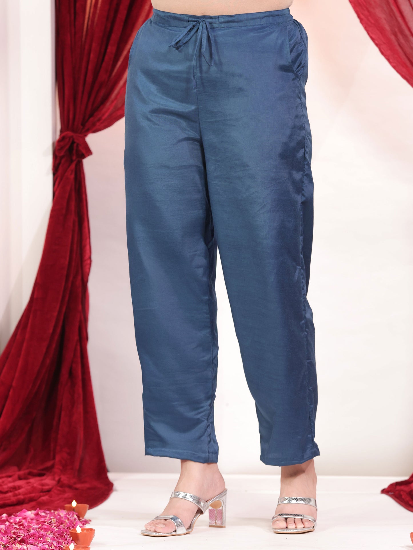 Embroidered Blended Silk Solid Straight Blue Kurta