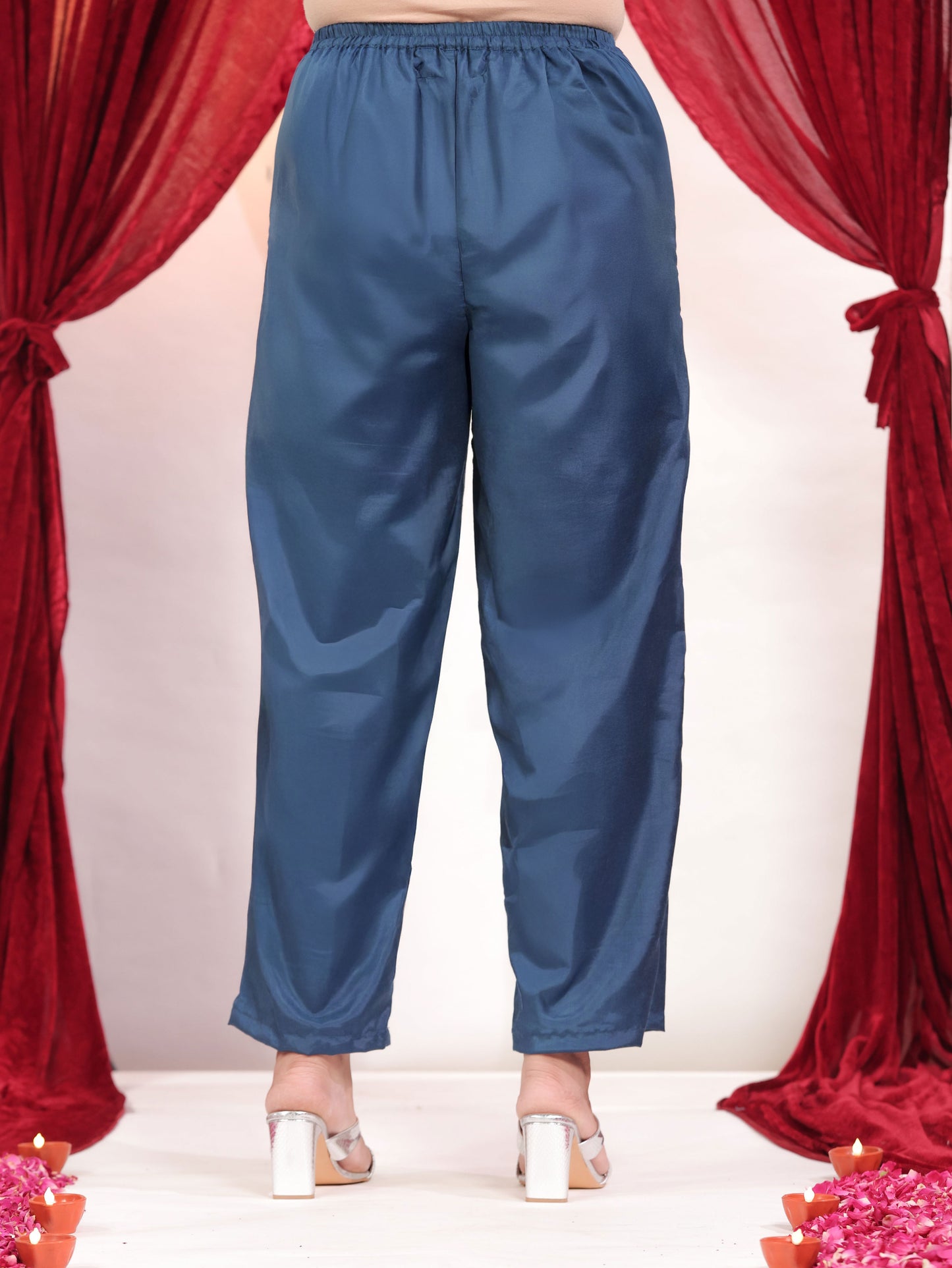 Embroidered Blended Silk Solid Straight Blue Kurta