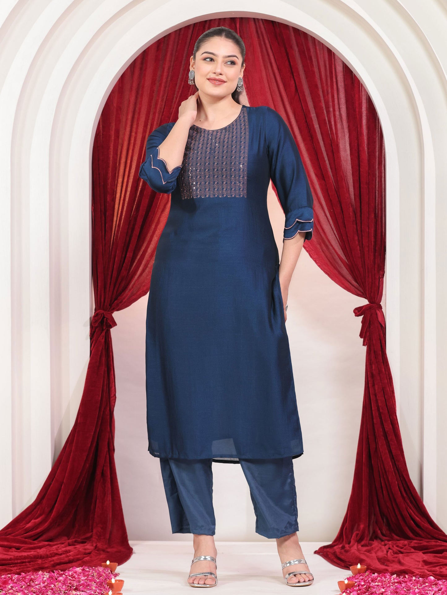 Embroidered Blended Silk Solid Straight Blue Kurta