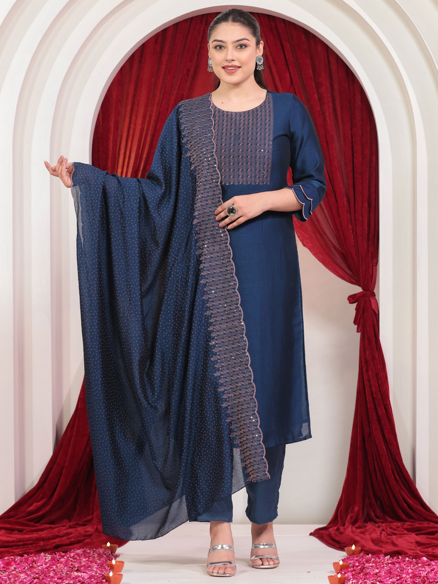 Embroidered Blended Silk Solid Blue Dupatta