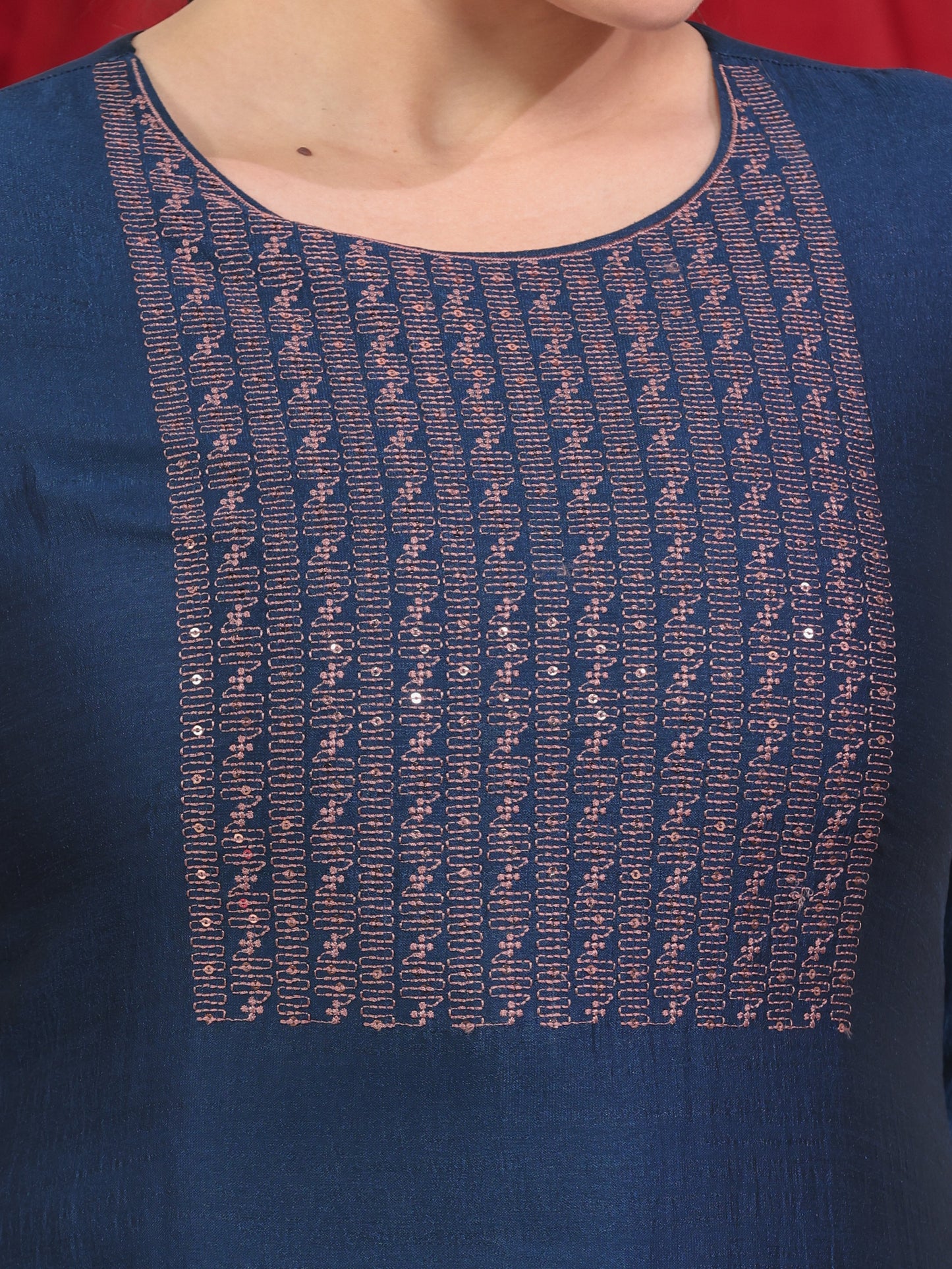 Embroidered Blended Silk Solid Straight Blue Kurta