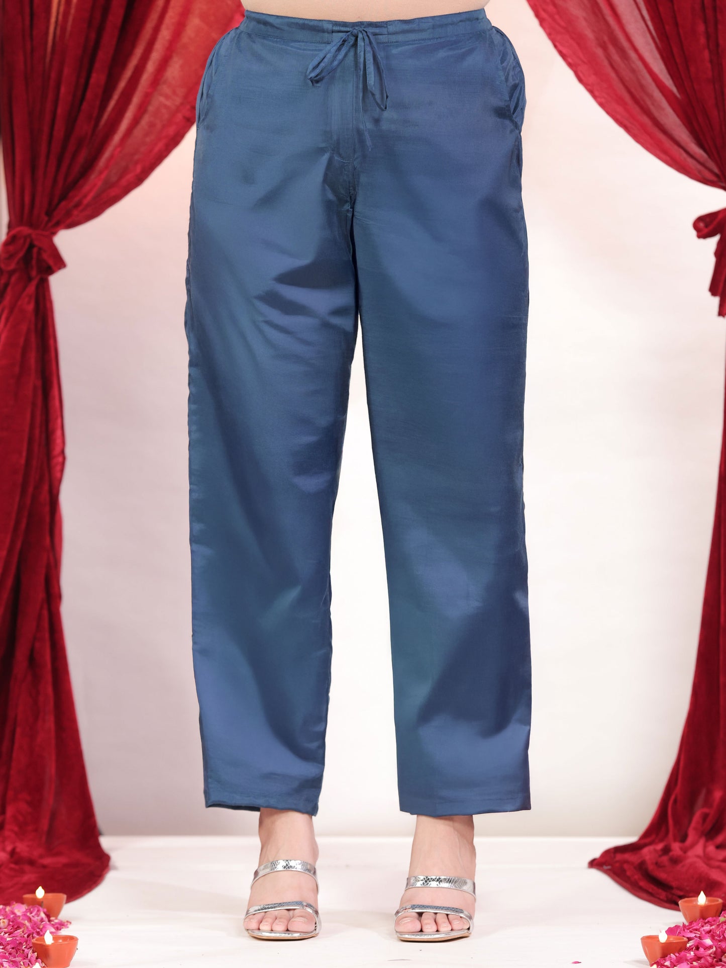 Embroidered Blended Silk Solid Straight Blue Kurta