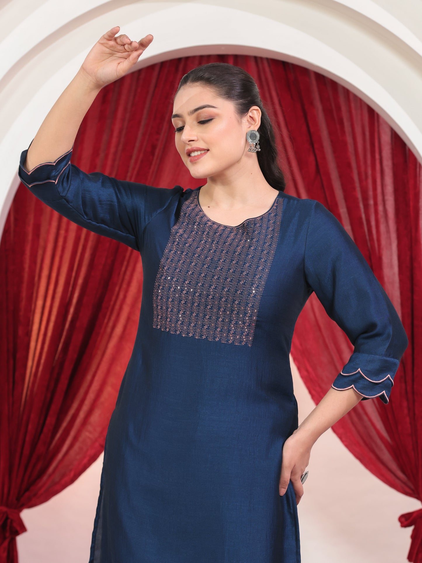 Embroidered Blended Silk Solid Straight Blue Kurta