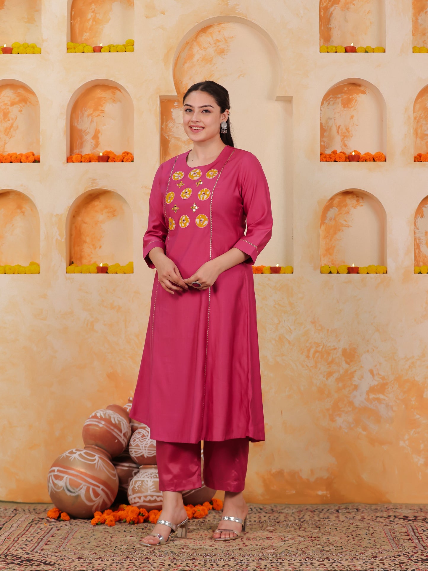 Chanderi Solid A-line Pink Kurta