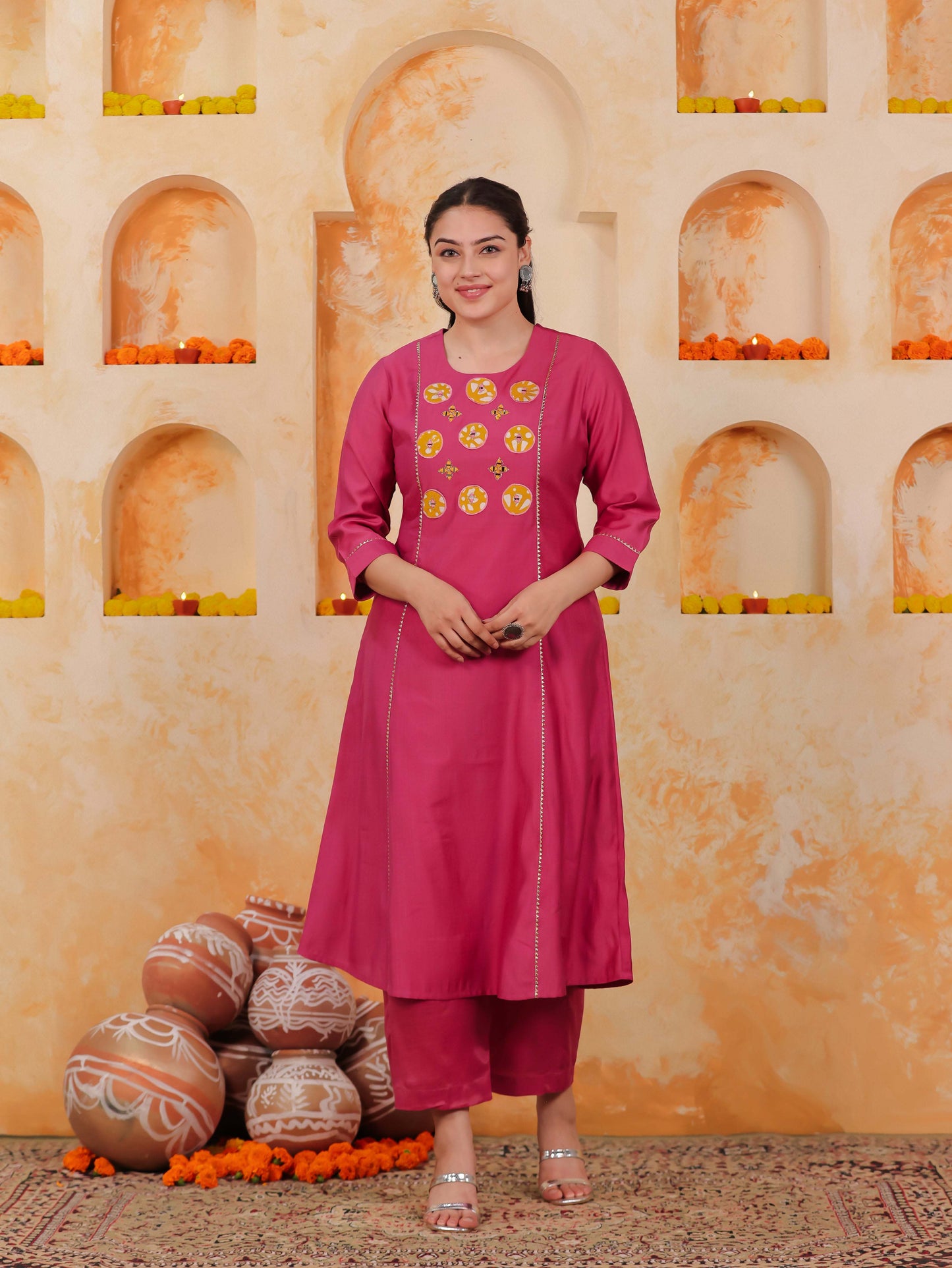 Chanderi Solid A-line Pink Kurta