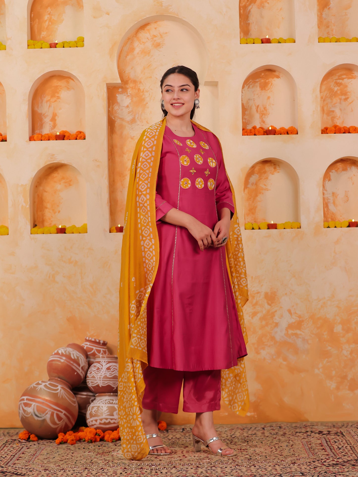 Chanderi Solid A-line Pink Kurta