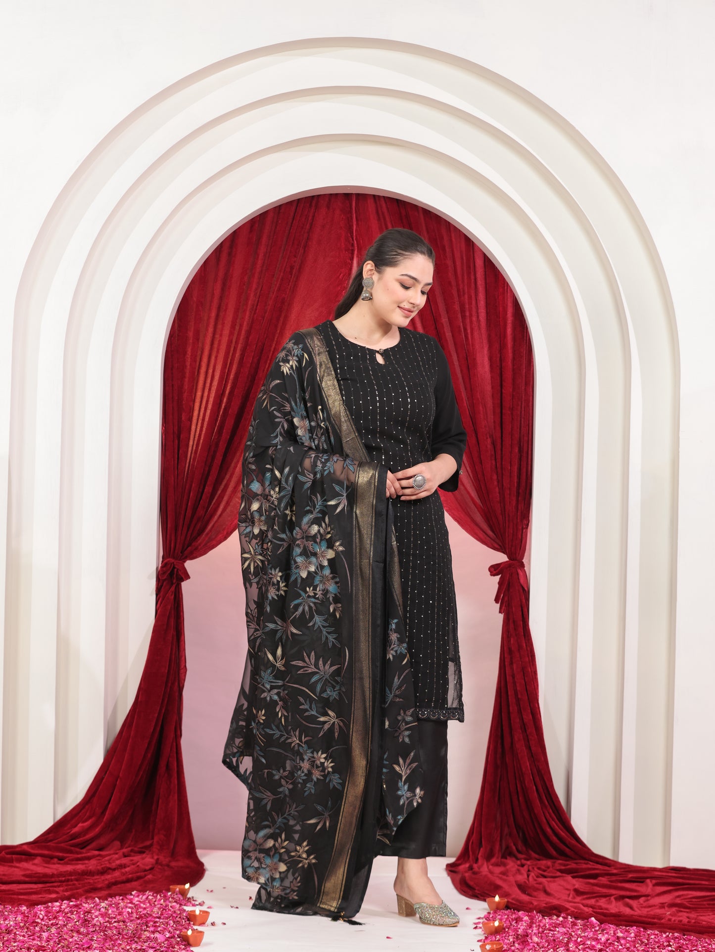 Embroidered Georgette Solid Straight Black Kurta