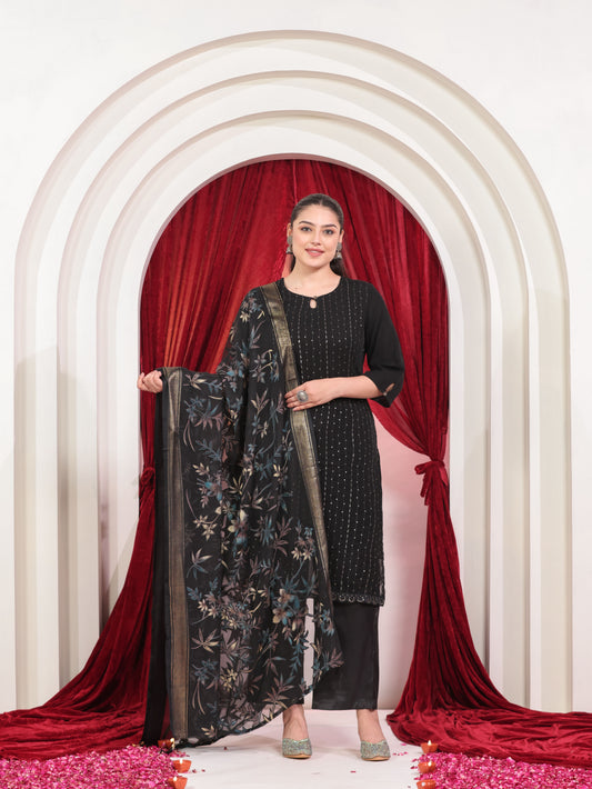 Embroidered Georgette Solid Straight Black Kurta