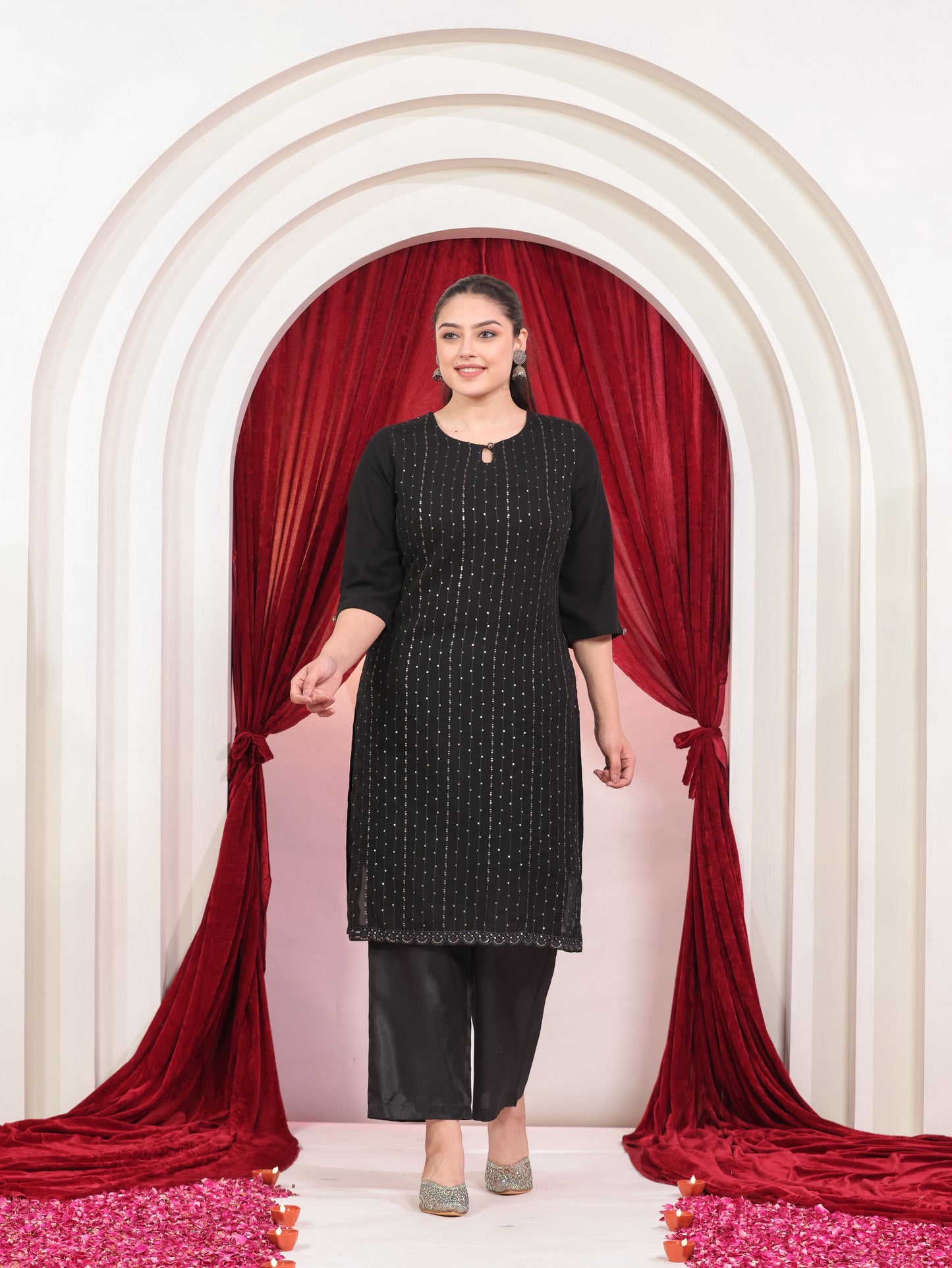 Embroidered Georgette Solid Straight Black Kurta
