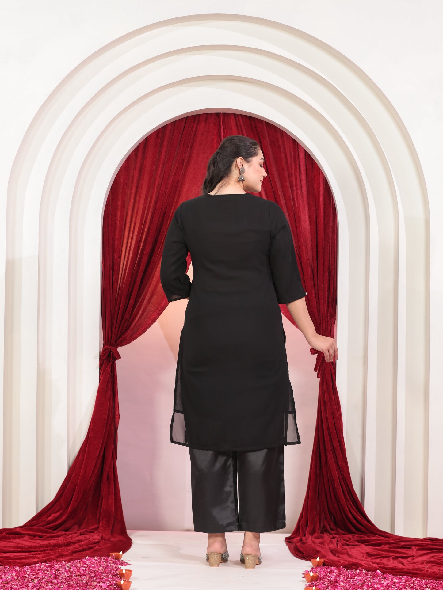 Embroidered Georgette Solid Straight Black Kurta