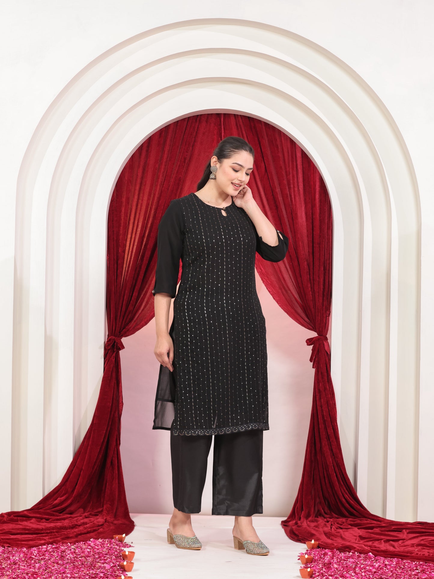Embroidered Georgette Solid Straight Black Kurta