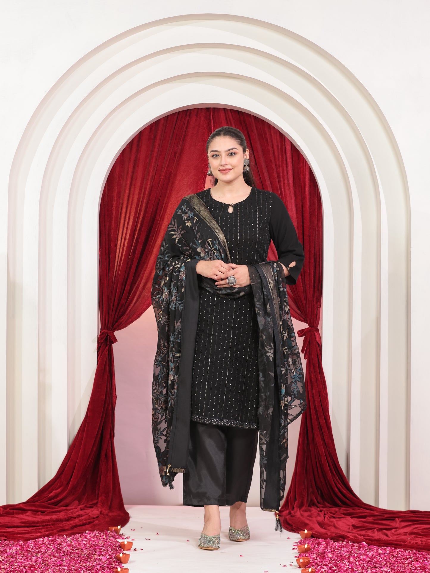 Embroidered Georgette Solid Straight Black Kurta