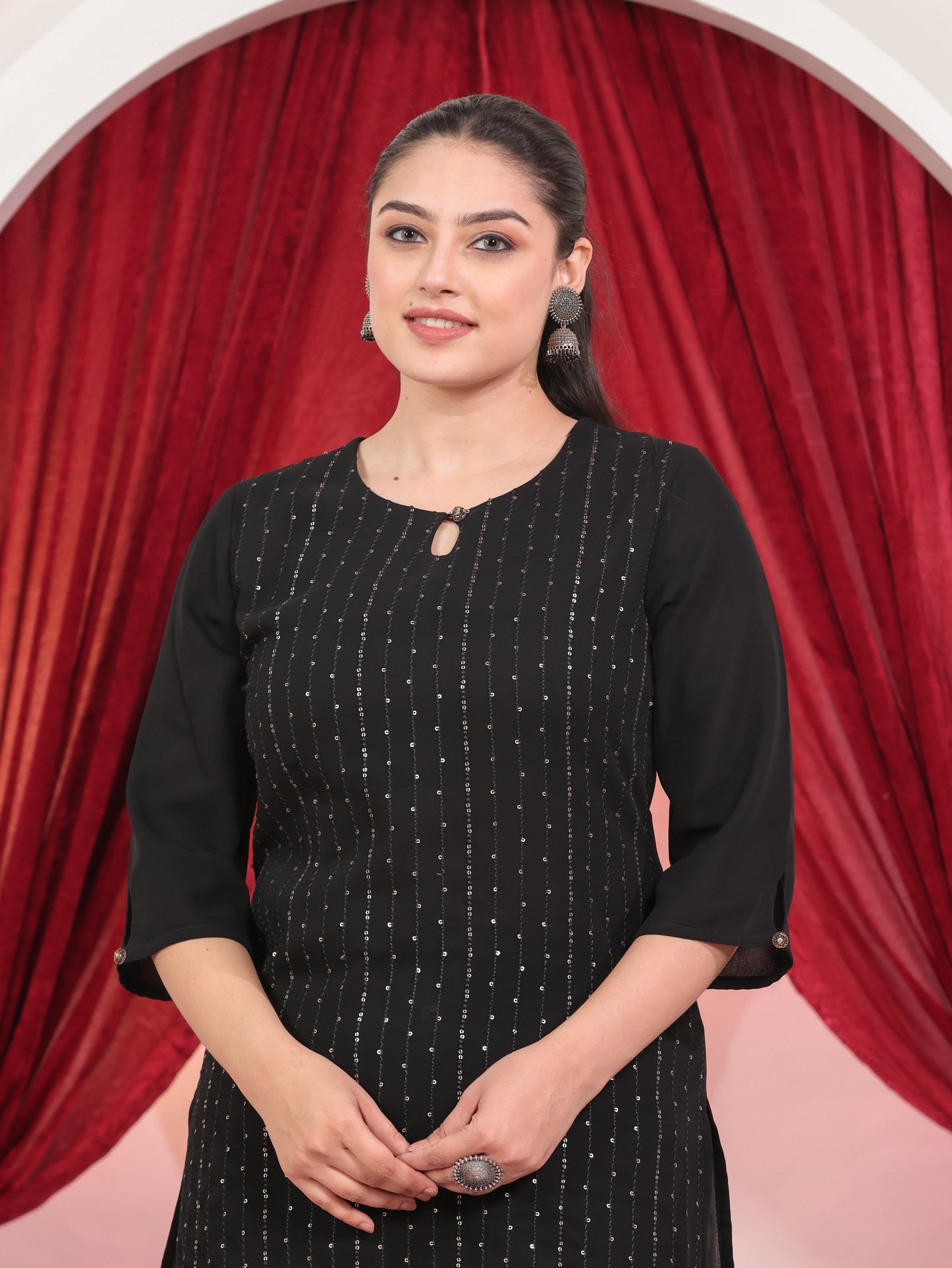 Embroidered Georgette Solid Straight Black Kurta