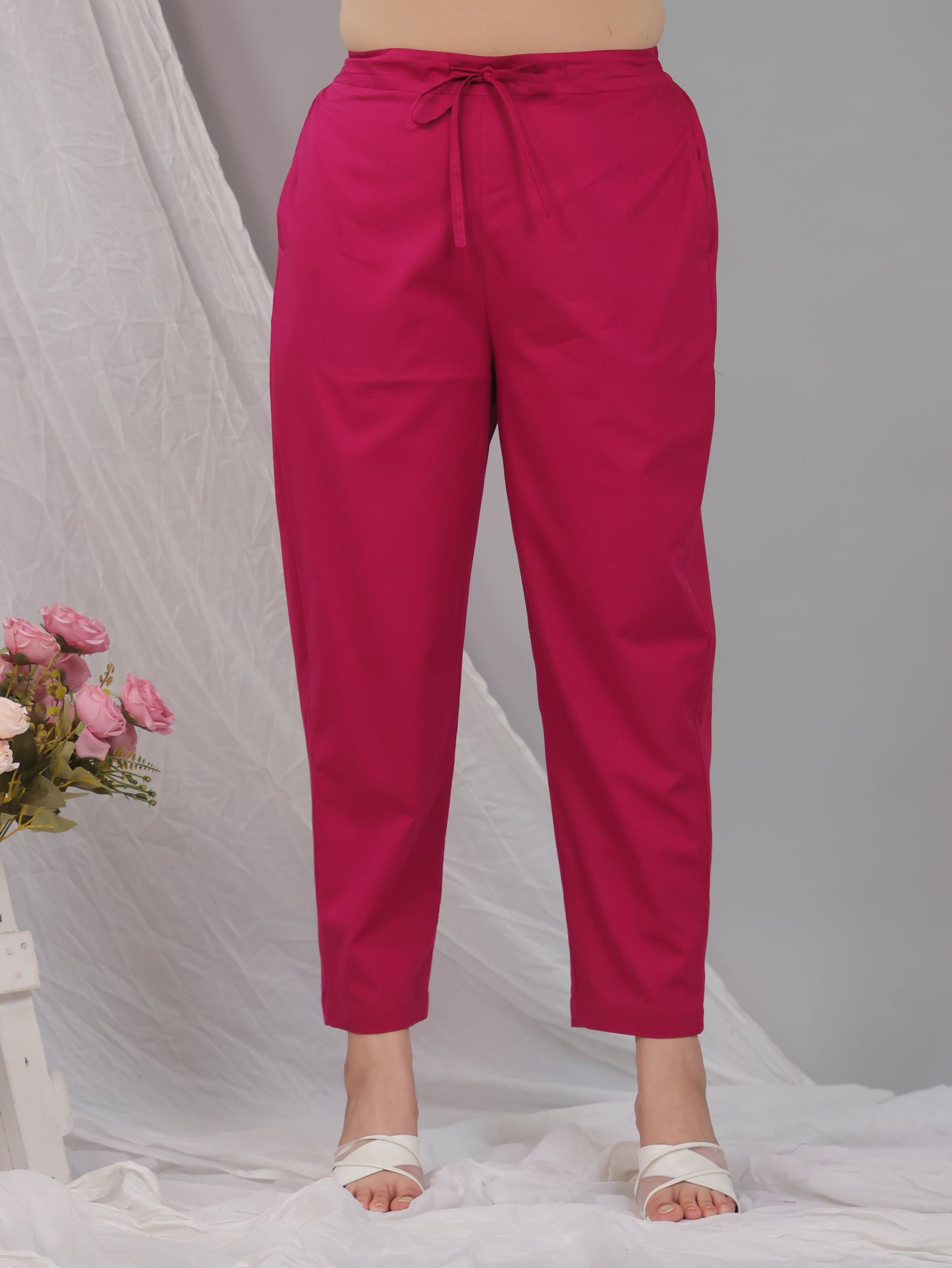 Soft Cotton Solid Pink Tapered Tapered Trousers