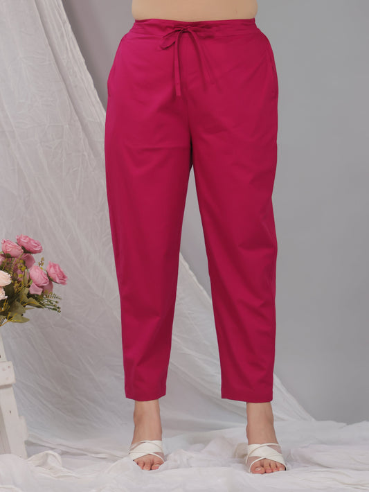 Soft Cotton Solid Pink Tapered Tapered Trousers
