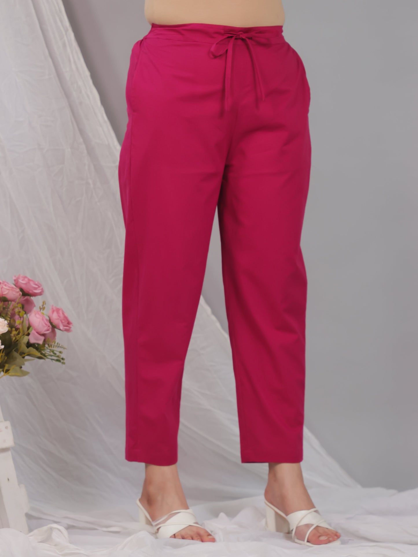 Soft Cotton Solid Pink Tapered Tapered Trousers