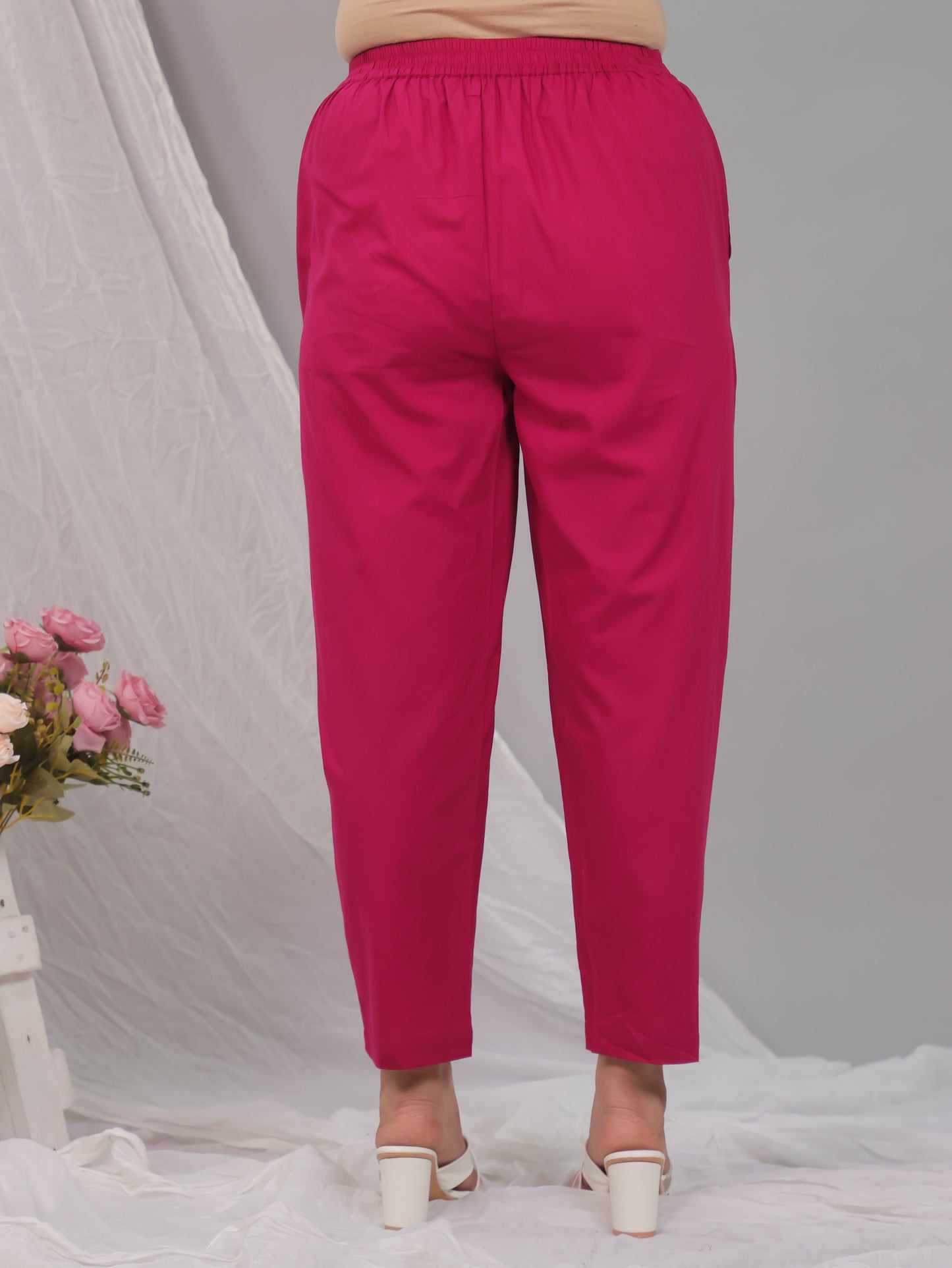 Soft Cotton Solid Pink Tapered Tapered Trousers