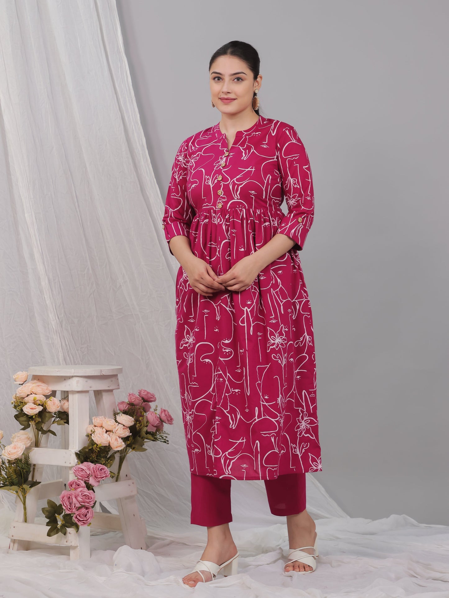 Soft Cotton Floral Flared Pink Kurta