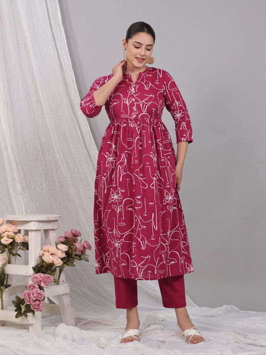 Soft Cotton Floral Flared Pink Kurta