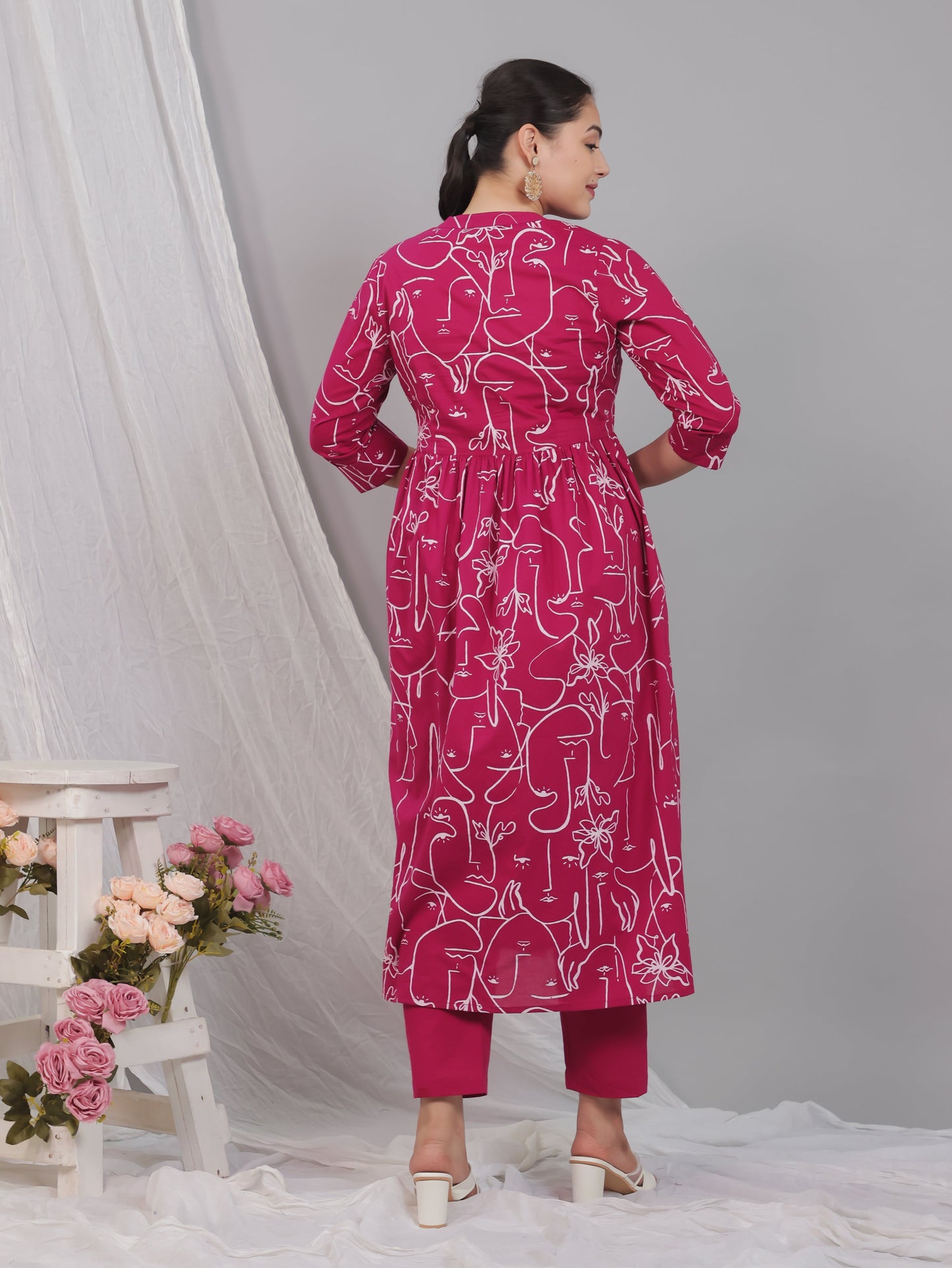 Soft Cotton Floral Flared Pink Kurta