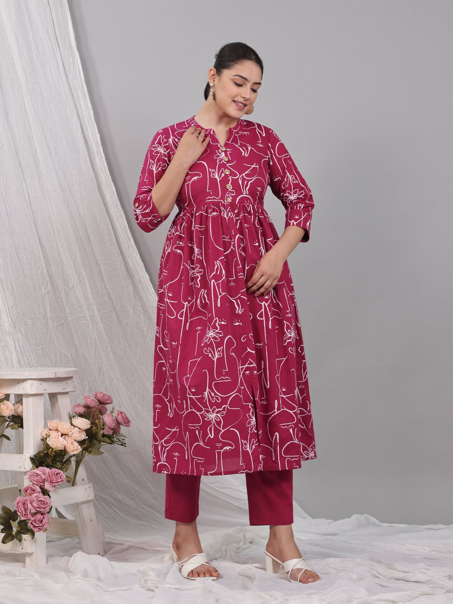 Soft Cotton Floral Flared Pink Kurta